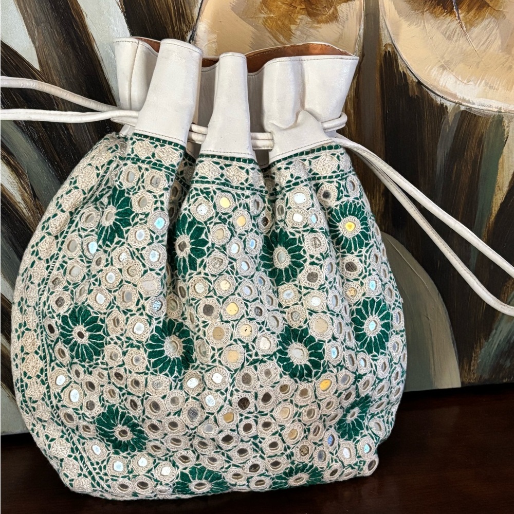 Leather and Crochet Drawstring Hobo Bag in Cream and Green - Picture 2 of 12